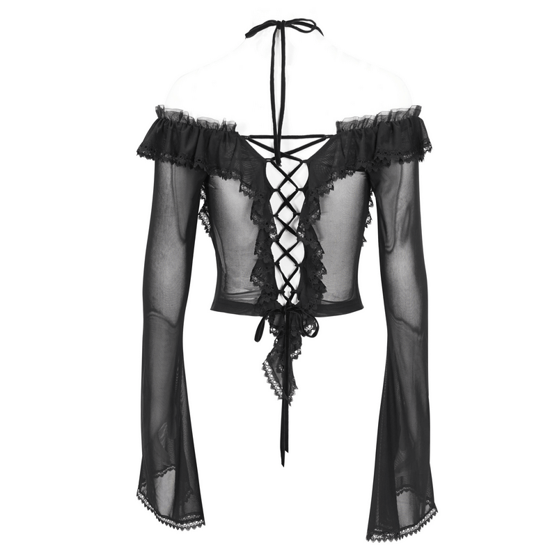 Gothic Women's Ruffled Top With Transparent Sleeves and Lace-Up on Back