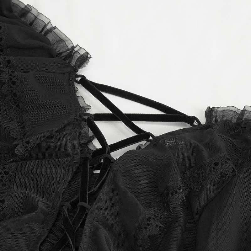 Gothic Women's Ruffled Top With Transparent Sleeves and Lace-Up on Back