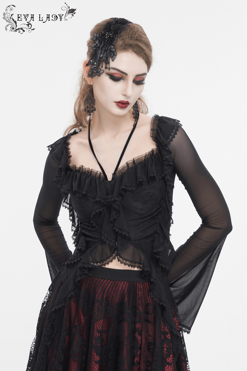 Gothic Women's Ruffled Top With Transparent Sleeves and Lace-Up on Back