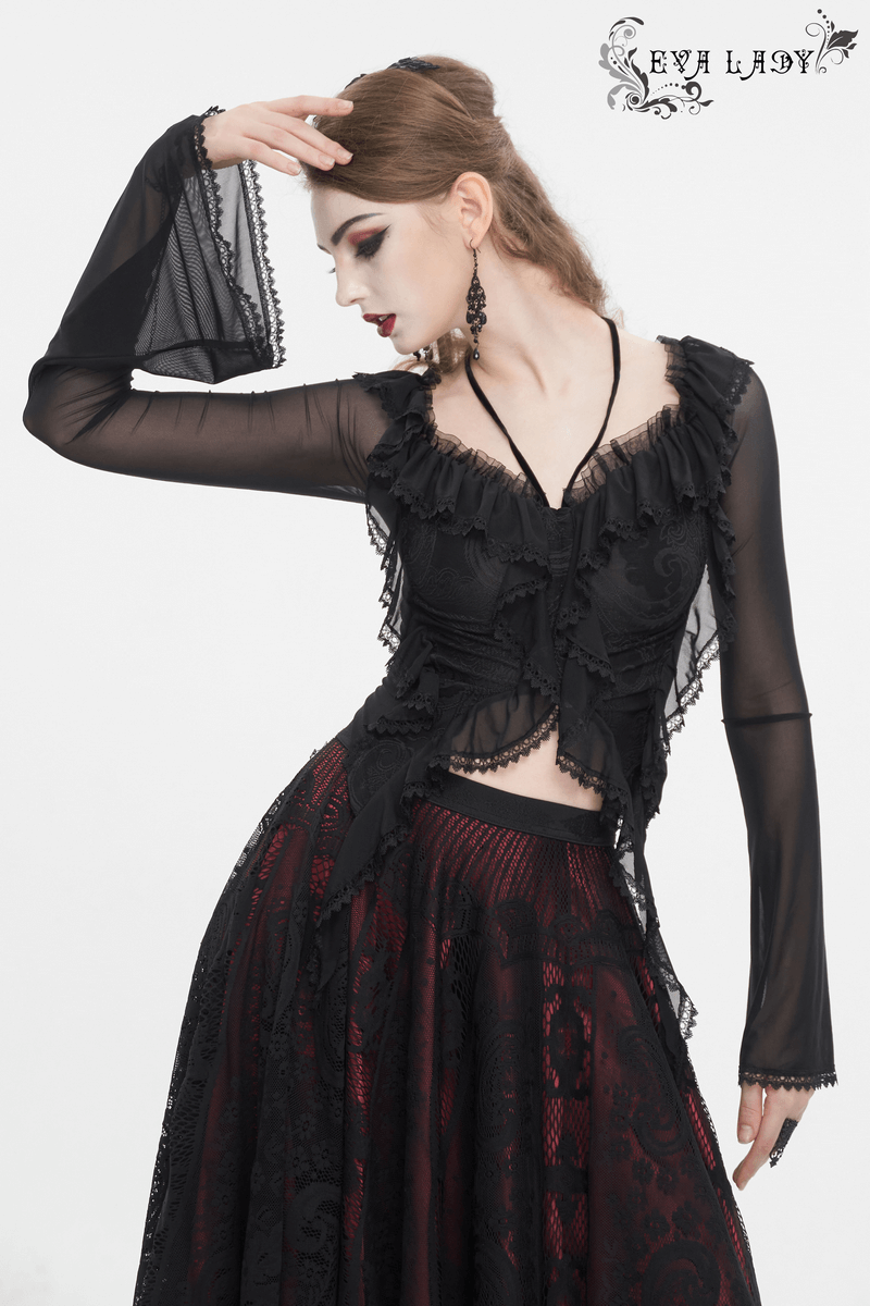 Gothic Women's Ruffled Top With Transparent Sleeves and Lace-Up on Back