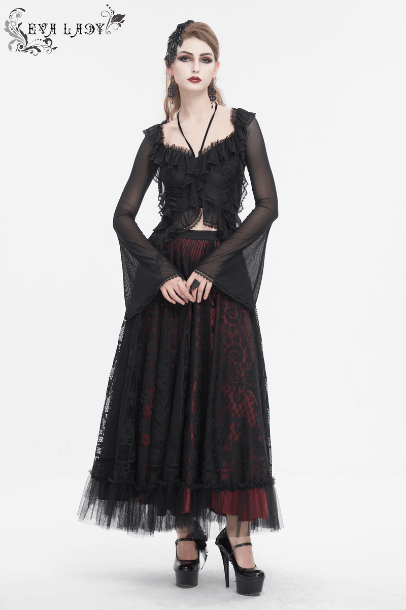 Gothic Women's Ruffled Top With Transparent Sleeves and Lace-Up on Back