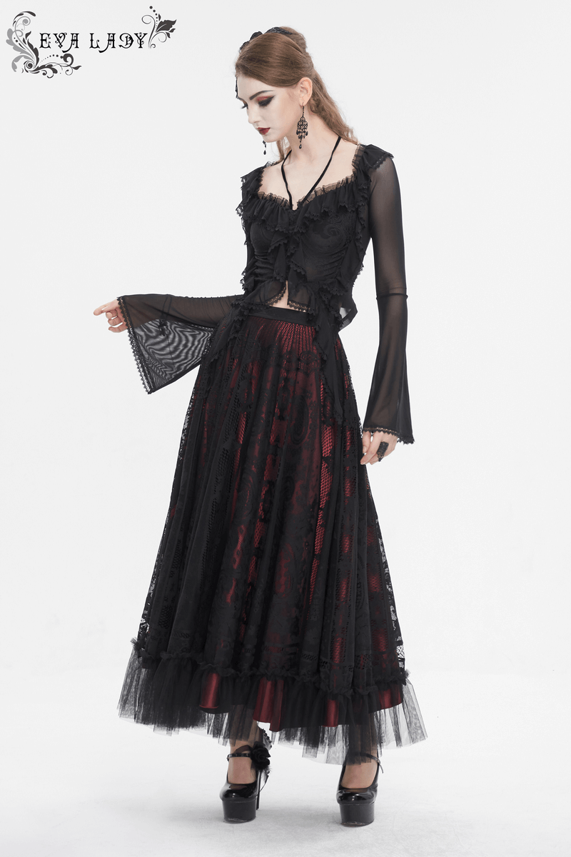 Gothic Women's Ruffled Top With Transparent Sleeves and Lace-Up on Back