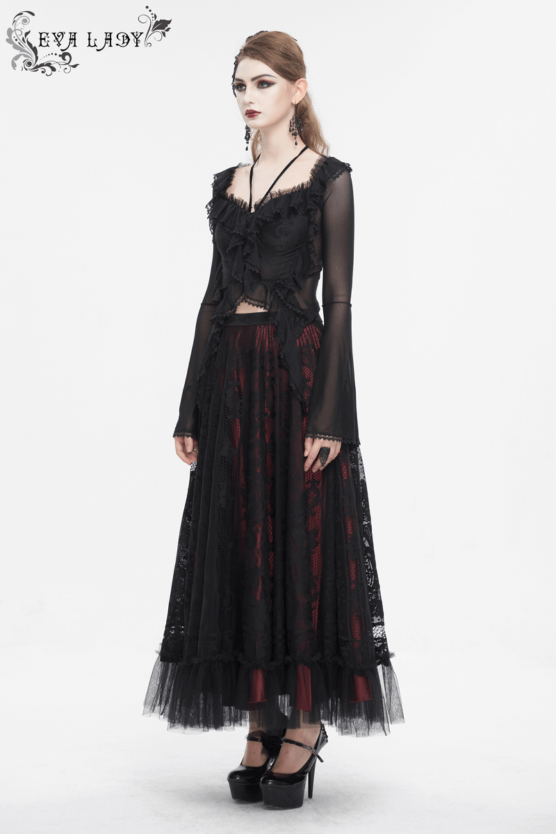 Gothic Women's Ruffled Top With Transparent Sleeves and Lace-Up on Back
