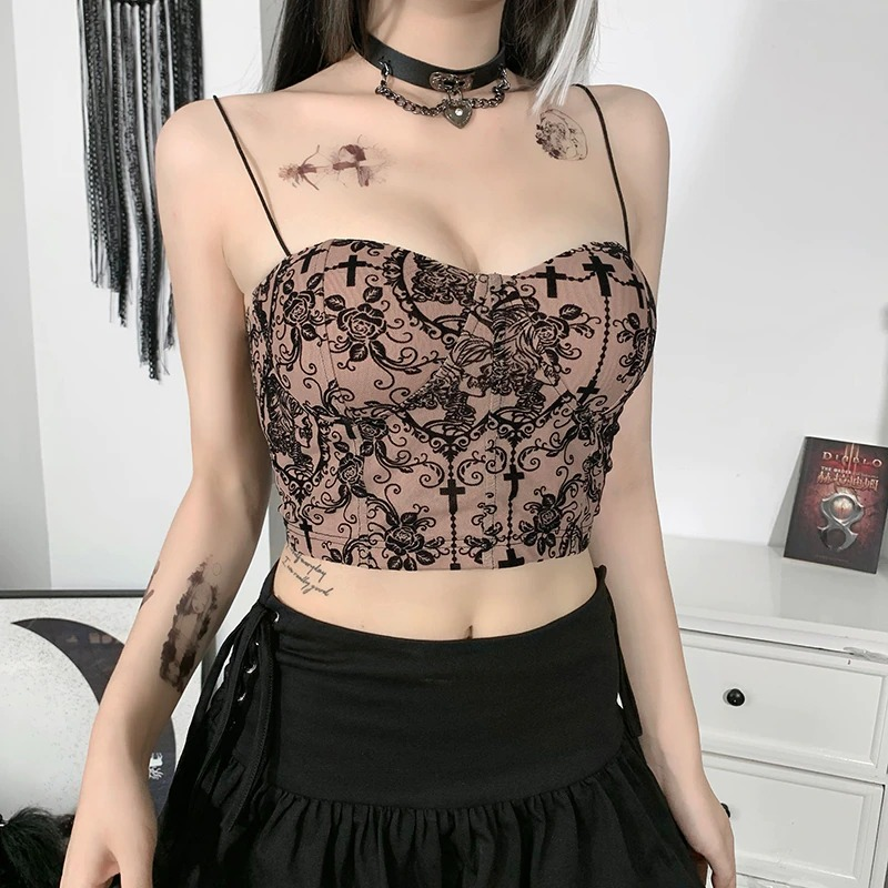 Gothic Women's Sexy Top Backless with Floral Print / Vintage Elegant Aesthetic Bodycon Tops