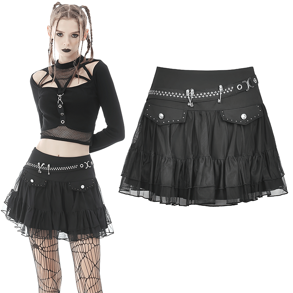 Gothic Women's Short Pleated Skirt with Chains and Studs