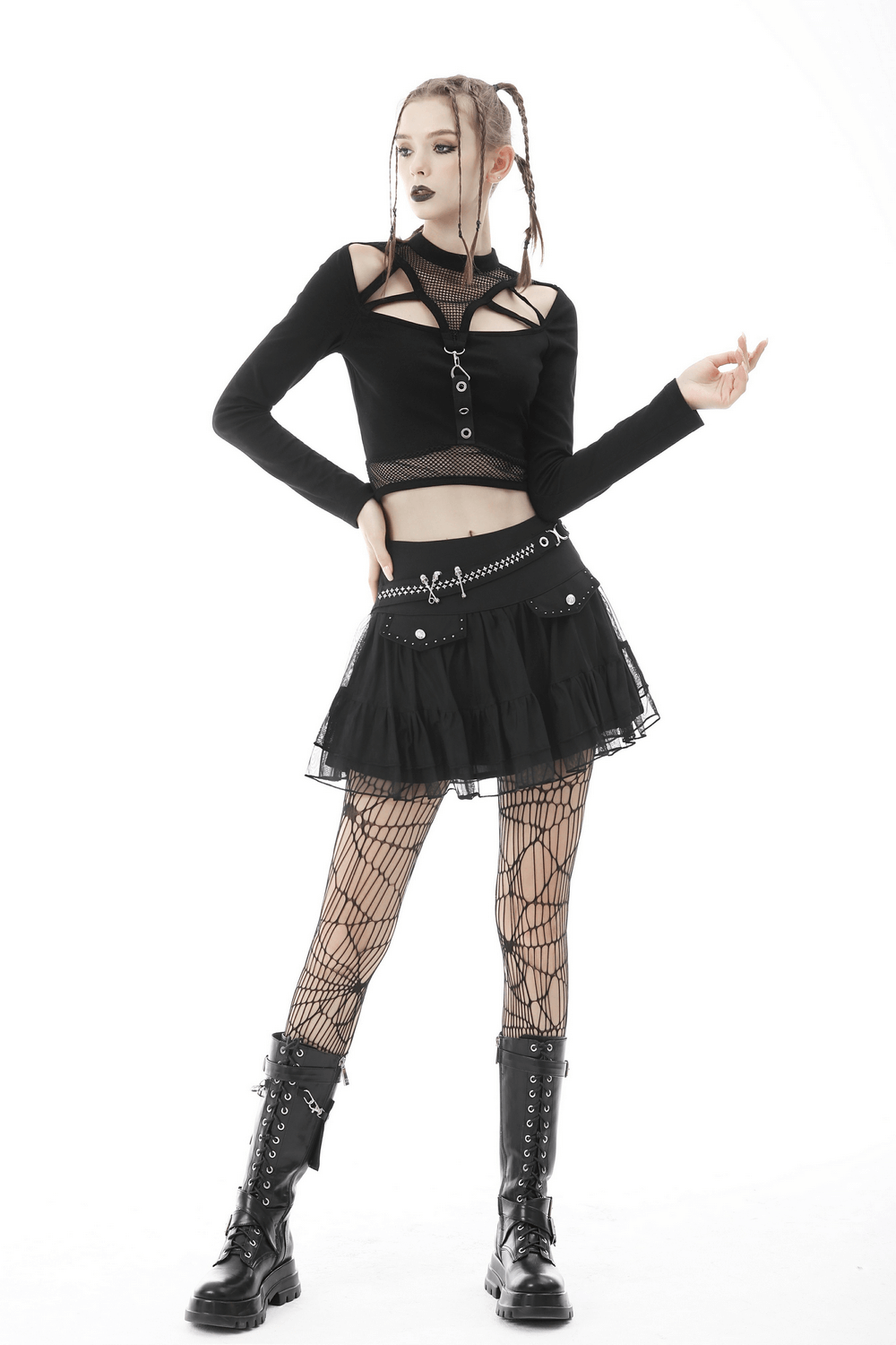 Gothic Women's Short Pleated Skirt with Chains and Studs