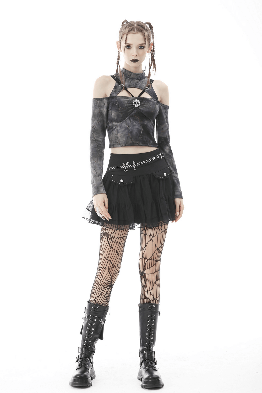 Gothic Women's Short Pleated Skirt with Chains and Studs