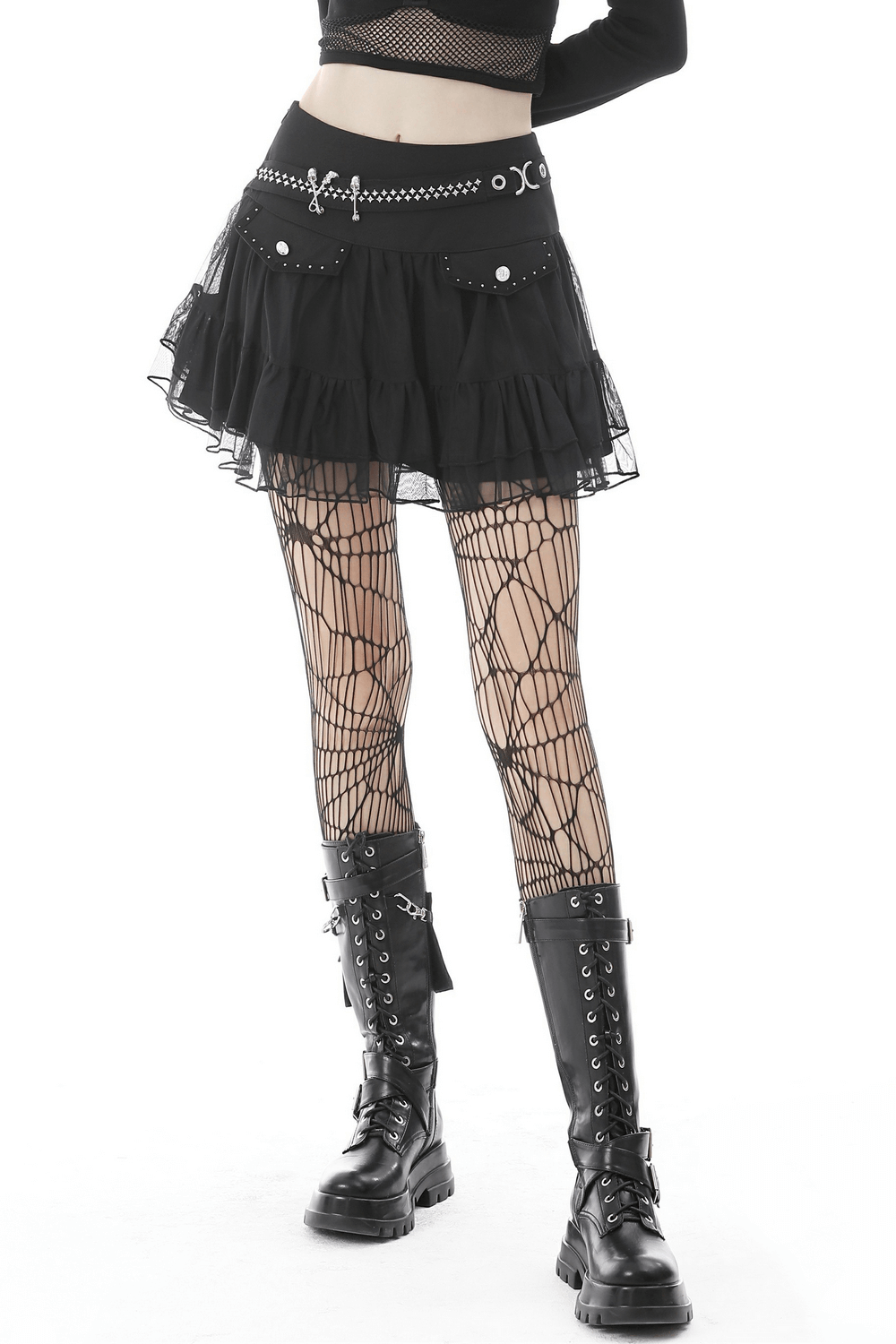 Gothic Women's Short Pleated Skirt with Chains and Studs
