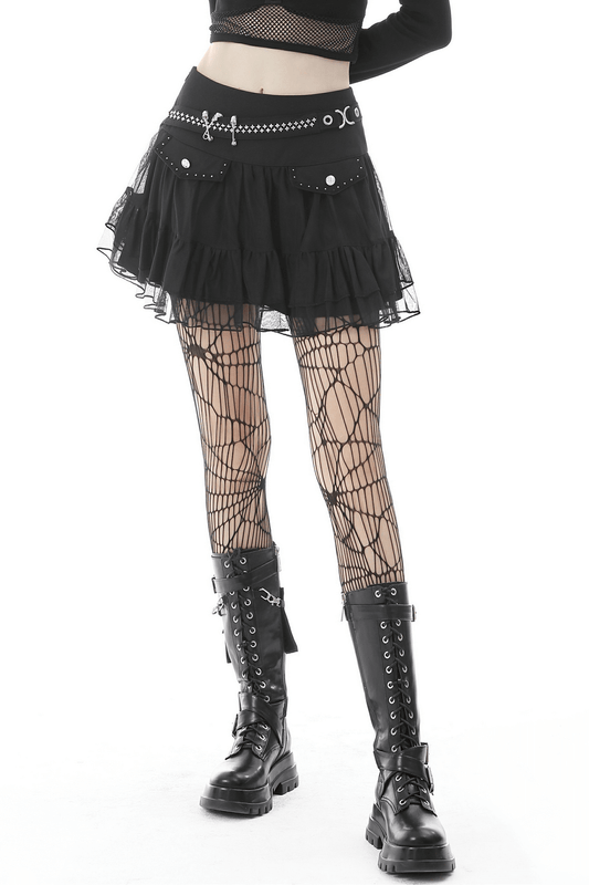 Gothic Women's Short Pleated Skirt with Chains and Studs