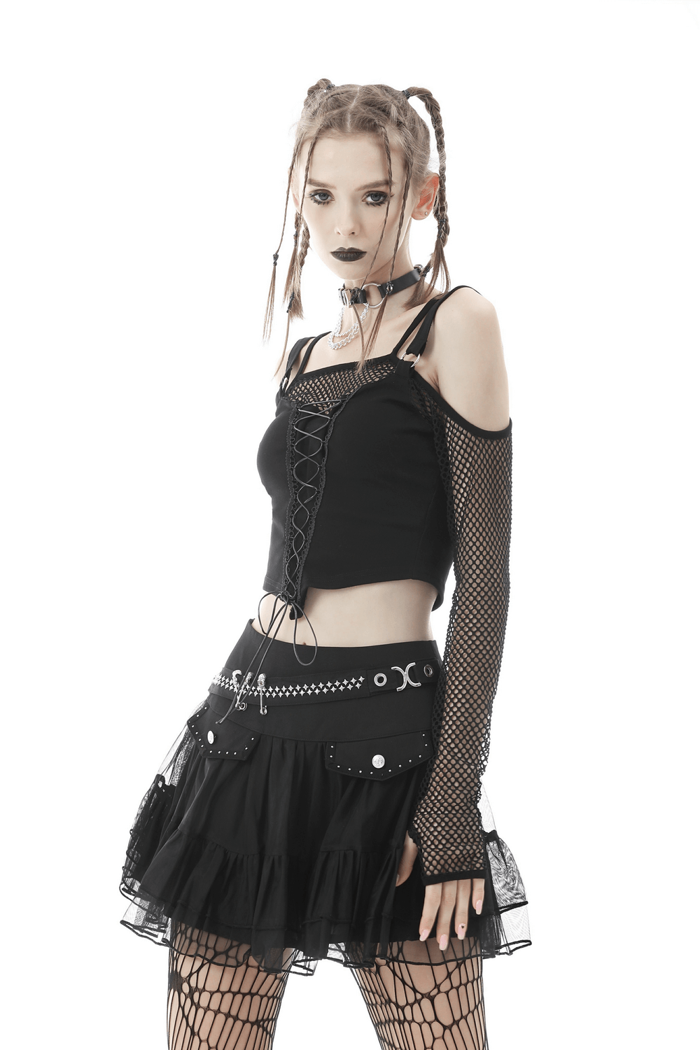 Gothic Women's Short Pleated Skirt with Chains and Studs