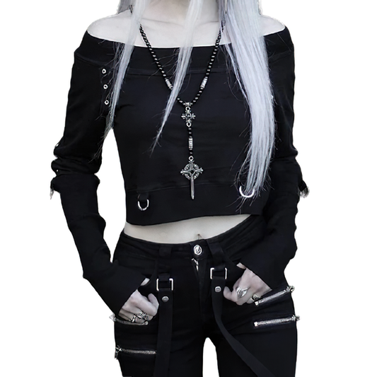 Gothic Women's Top With Rivet In Rock Style / Streetwear Of Long Sleeve And Off Shoulder