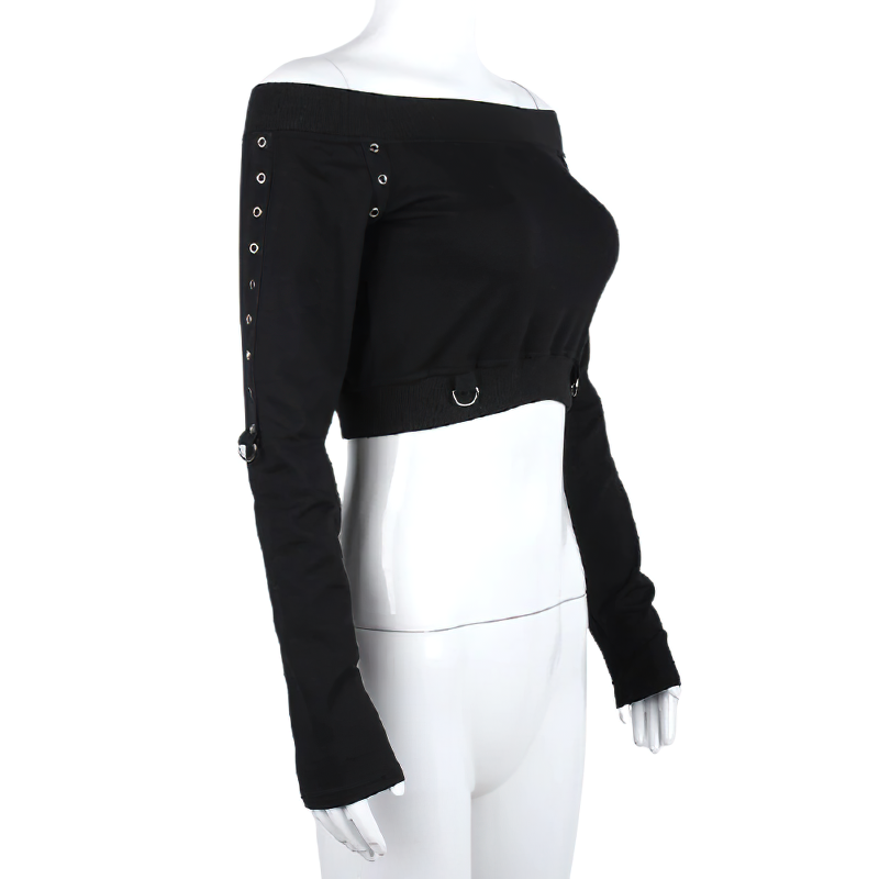 Gothic Women's Top With Rivet In Rock Style / Streetwear Of Long Sleeve And Off Shoulder