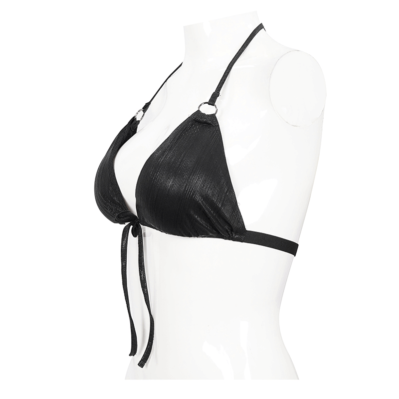 Gothic Women's V Neck Tie Rope Black Bikini Top / Sexy Swimsuit Top with Stretch Tape & Straps