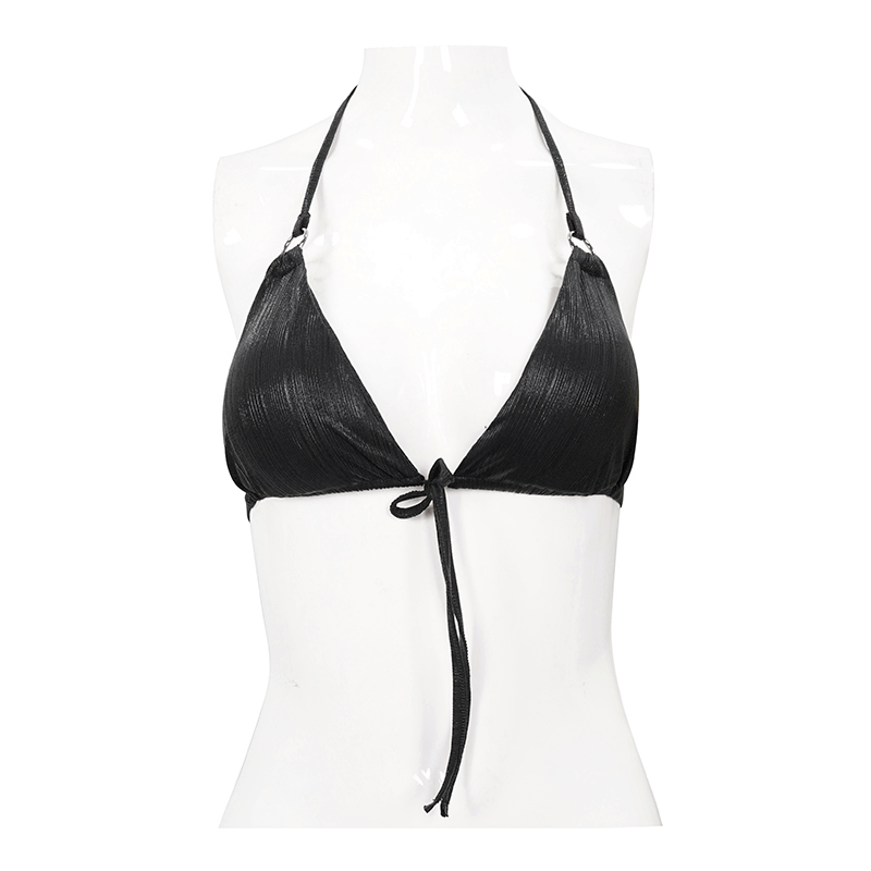 Gothic Women's V Neck Tie Rope Black Bikini Top / Sexy Swimsuit Top with Stretch Tape & Straps