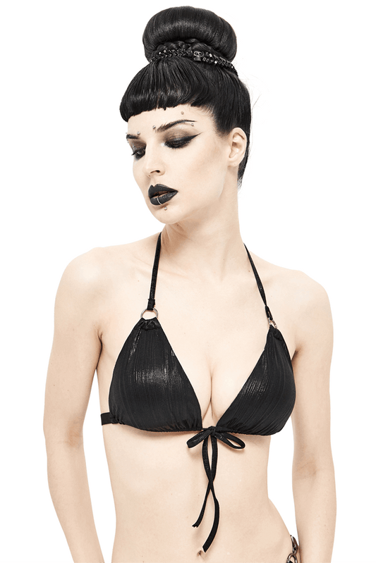 Gothic Women's V Neck Tie Rope Black Bikini Top / Sexy Swimsuit Top with Stretch Tape & Straps