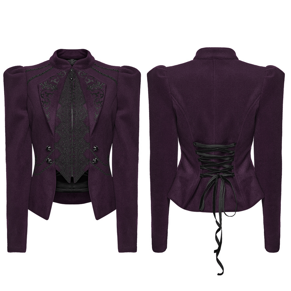 Gothic Woolen Jacket with Embroidery and Lace Back