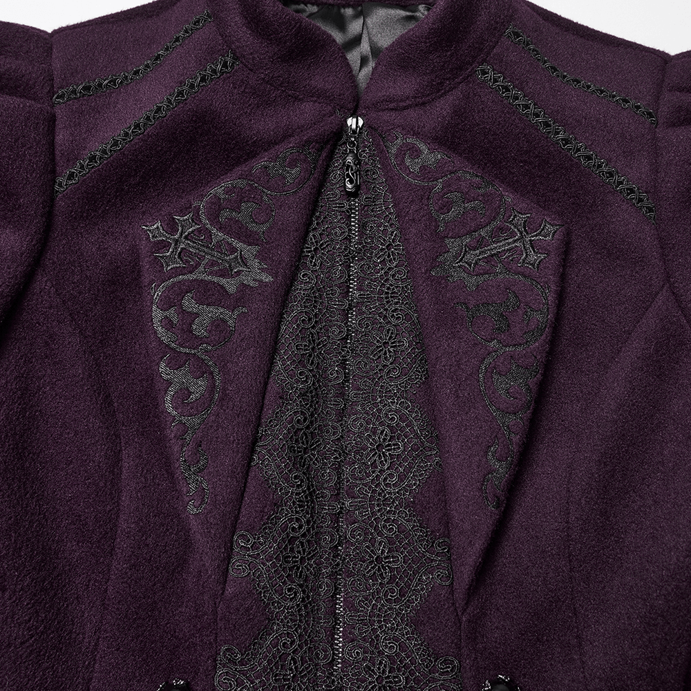 Gothic Woolen Jacket with Embroidery and Lace Back