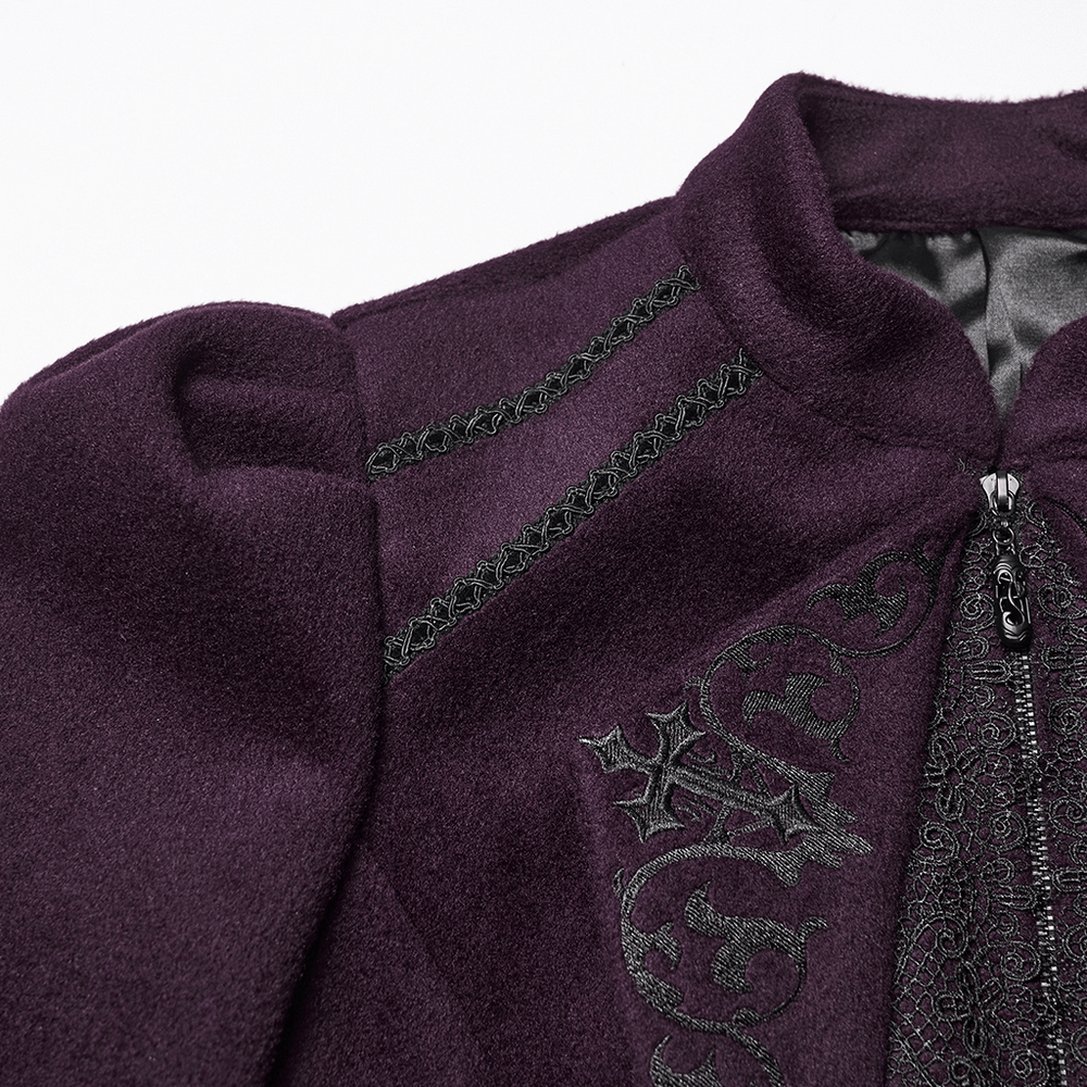 Gothic Woolen Jacket with Embroidery and Lace Back