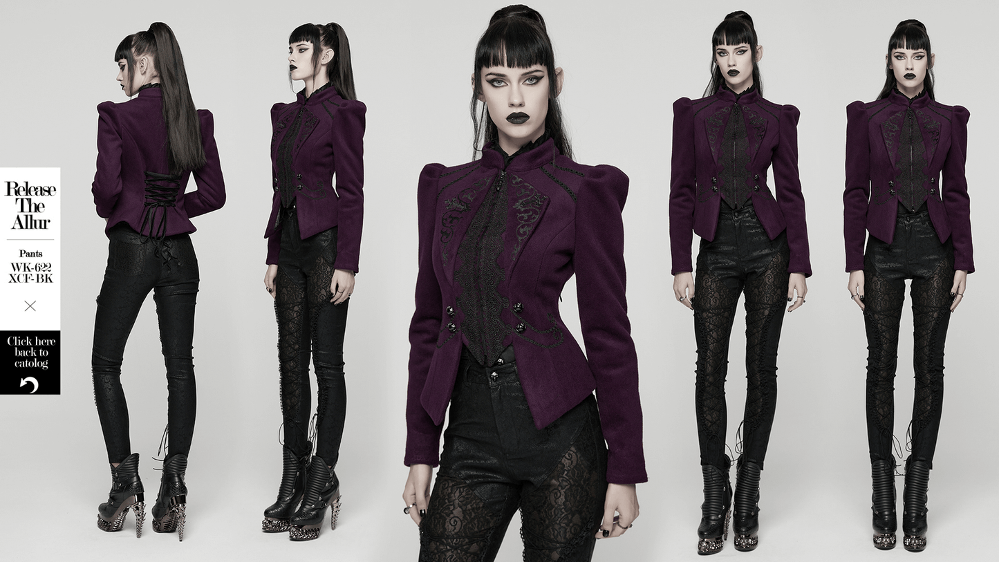 Gothic Woolen Jacket with Embroidery and Lace Back