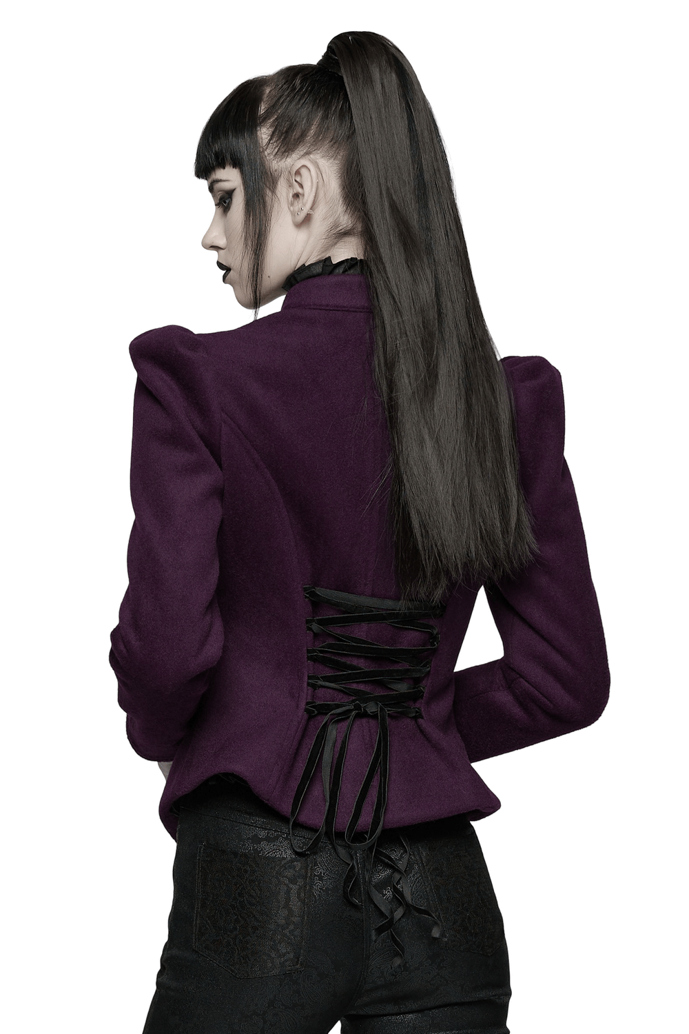 Gothic Woolen Jacket with Embroidery and Lace Back