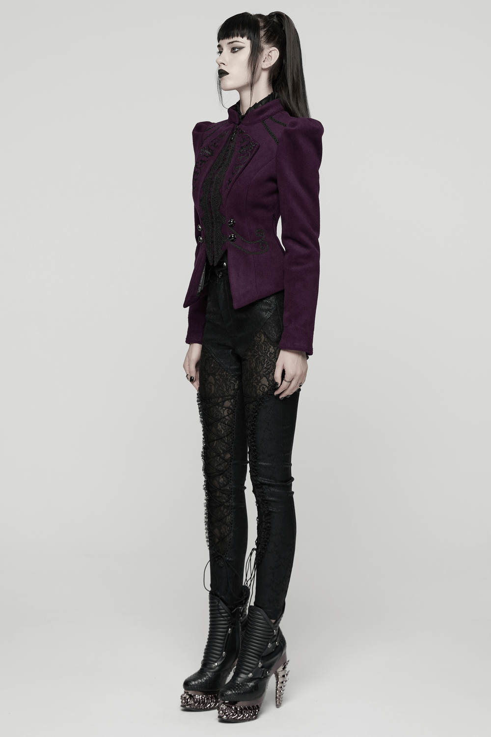 Gothic Woolen Jacket with Embroidery and Lace Back
