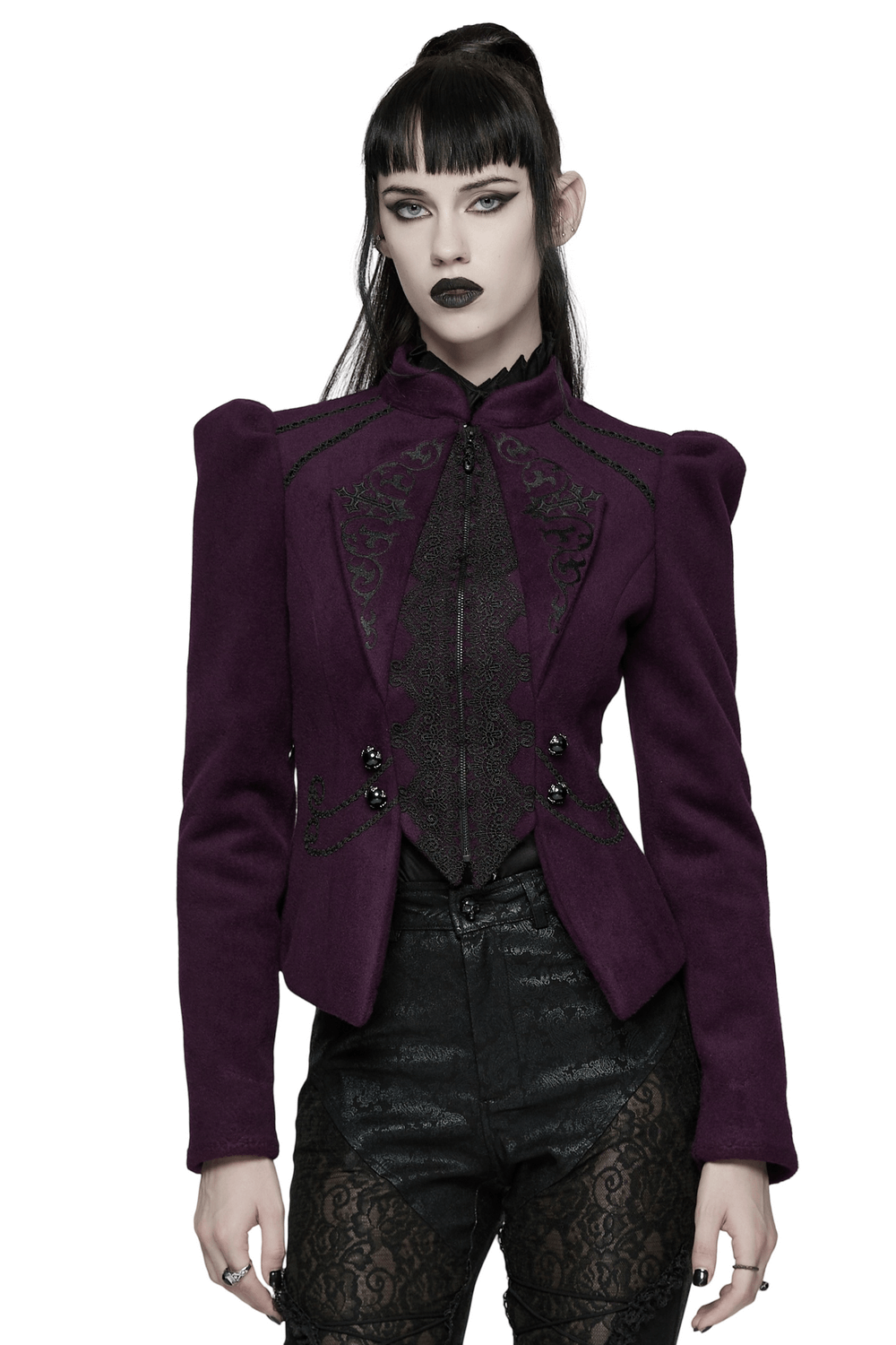 Gothic Woolen Jacket with Embroidery and Lace Back