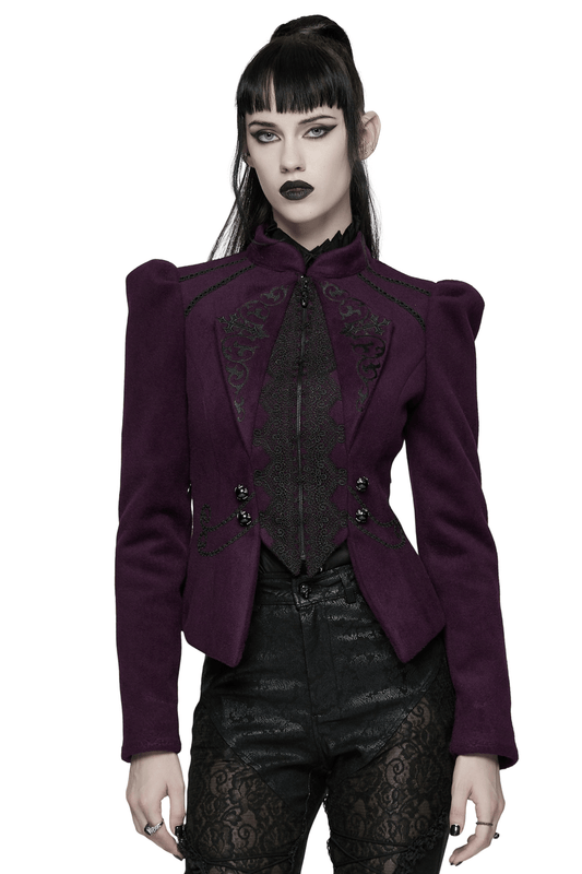 Gothic Woolen Jacket with Embroidery and Lace Back
