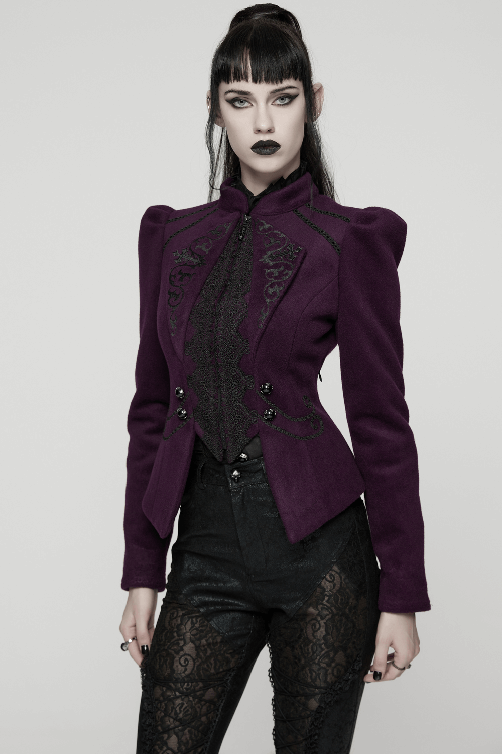 Gothic Woolen Jacket with Embroidery and Lace Back