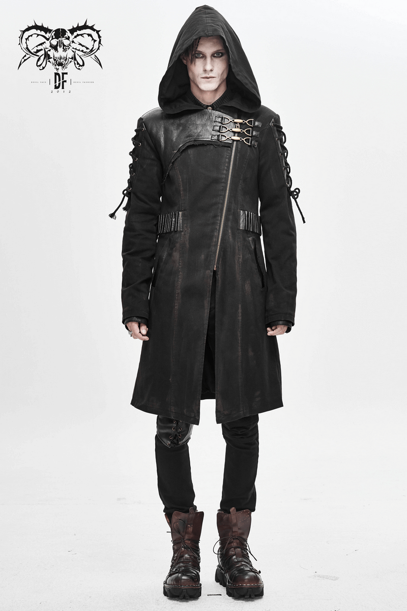 Gothic Zipper Hooded Trench Coat with Buckles / Men's Black Coat with Lace-up on Sleeves