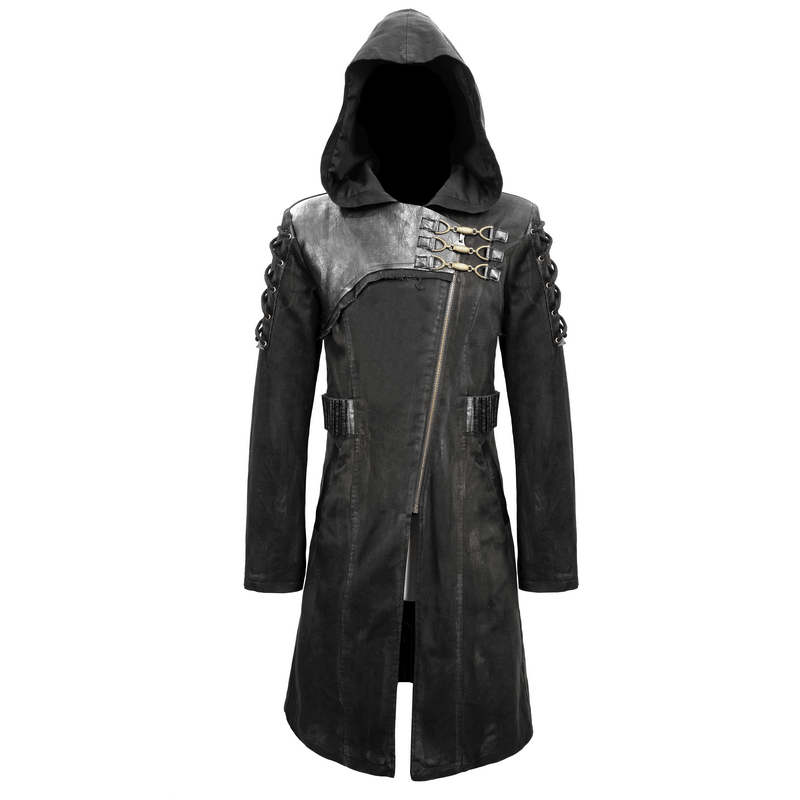Gothic Zipper Hooded Trench Coat with Buckles / Men's Black Coat with Lace-up on Sleeves