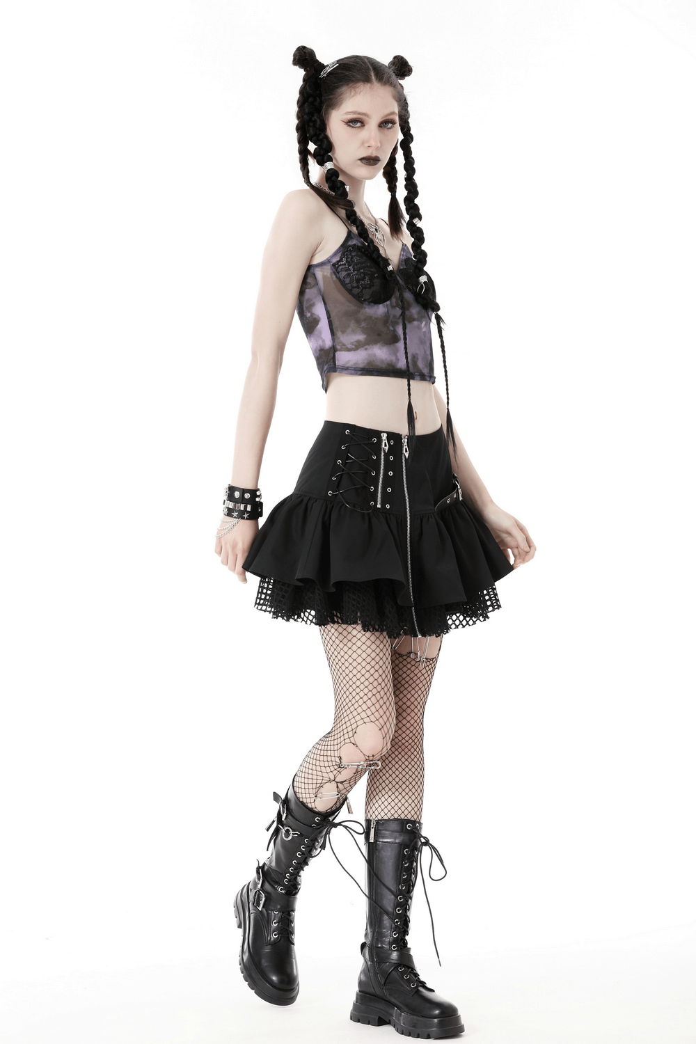 Gothic Zipper Lace-Up Mini Skirt With Buckle Details
