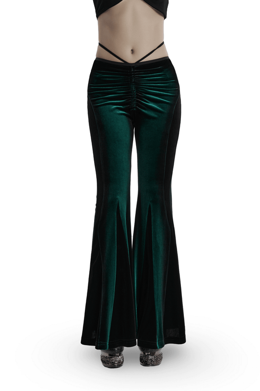 Gradient Velvet Flared Pants with Pleats and Waist Strap