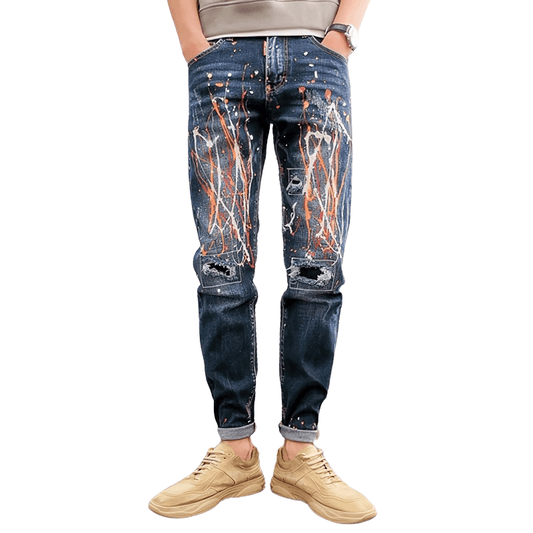 Graffiti Ripped Men's Jeans / Male Skinny Denim Pants / Alternative Style Elastic Trousers