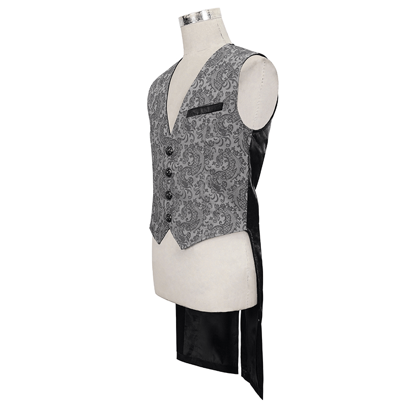 Gray and Black Gothic Jacquard Tailed Waistcoat for Men / Retro Elegant Male Clothing