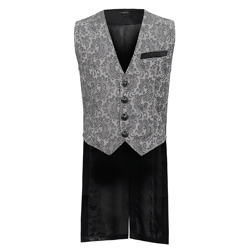 Gray and Black Gothic Jacquard Tailed Waistcoat for Men / Retro Elegant Male Clothing