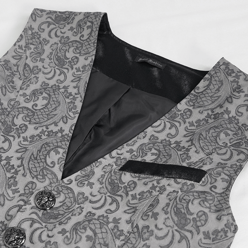 Gray and Black Gothic Jacquard Tailed Waistcoat for Men / Retro Elegant Male Clothing