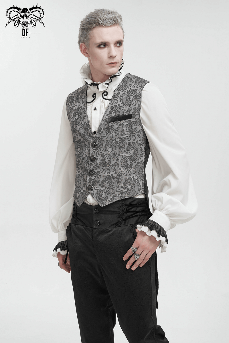 Gray and Black Gothic Jacquard Tailed Waistcoat for Men / Retro Elegant Male Clothing