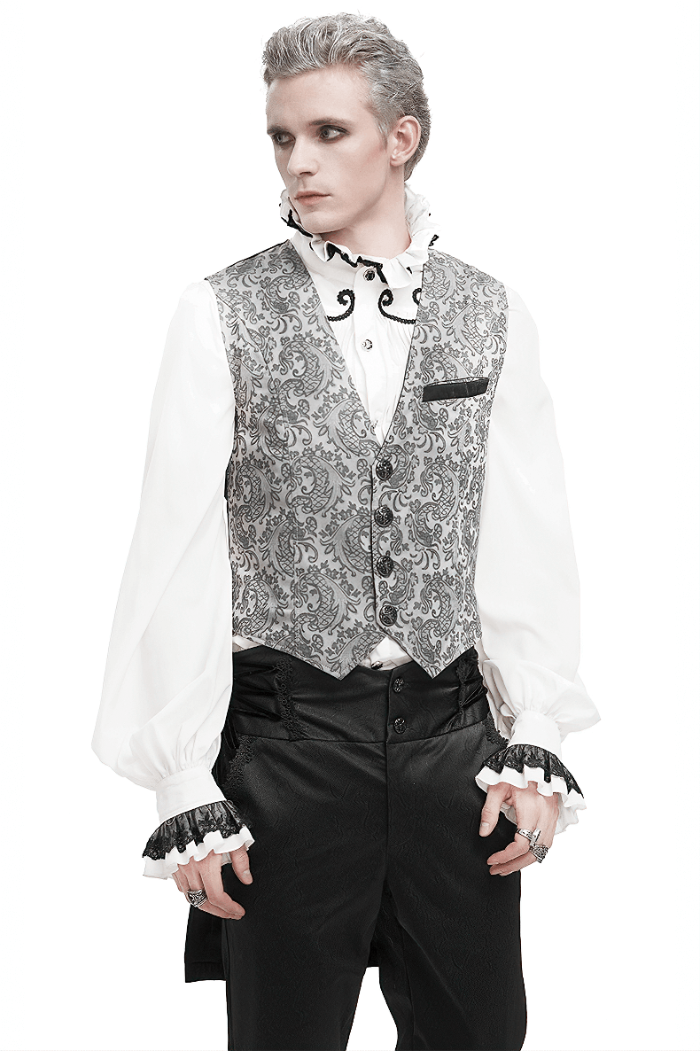 Gray and Black Gothic Jacquard Tailed Waistcoat for Men / Retro Elegant Male Clothing