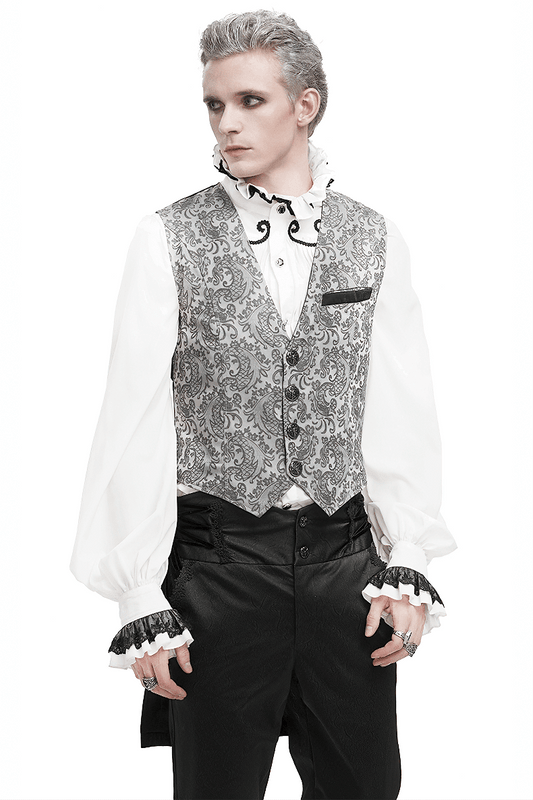 Gray and Black Gothic Jacquard Tailed Waistcoat for Men / Retro Elegant Male Clothing