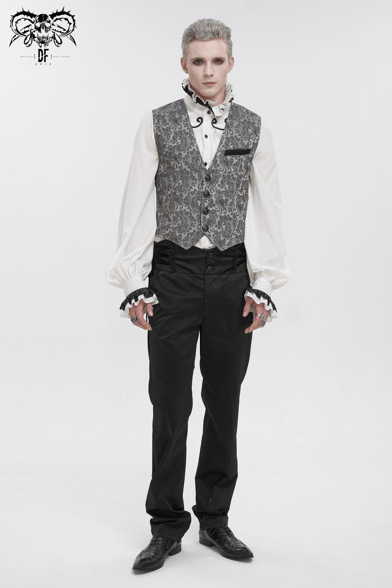 Gray and Black Gothic Jacquard Tailed Waistcoat for Men / Retro Elegant Male Clothing