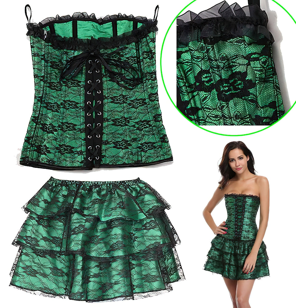 Green Corset Dress Suit / Lace Up With Skirt and Corset / Rave outfits