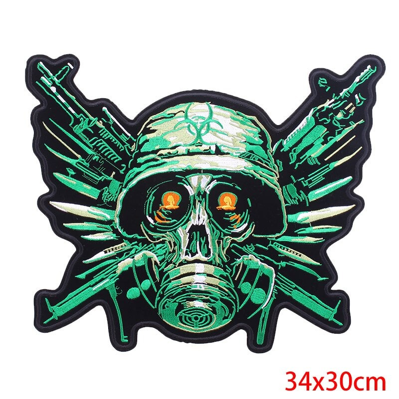 Green Skull with Guns Iron-On Biker Patch For Jackets / Large Embroidered Biker Patches For Clothes