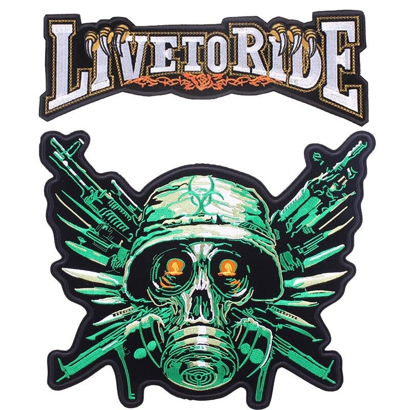 Green Skull with Guns Iron-On Biker Patch For Jackets / Large Embroidered Biker Patches For Clothes