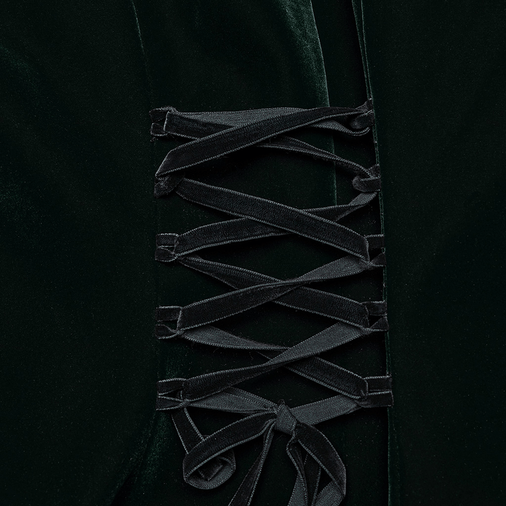 Green Velvet Gothic Coat with Lace and Ruffle Details