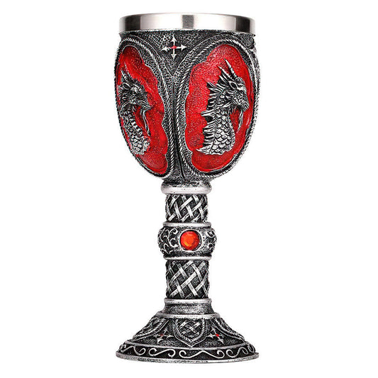 Grey and Red Horrible Wine Glass with Dragon / Stainless Steel and Resin Vintage Style Bar Drinkware
