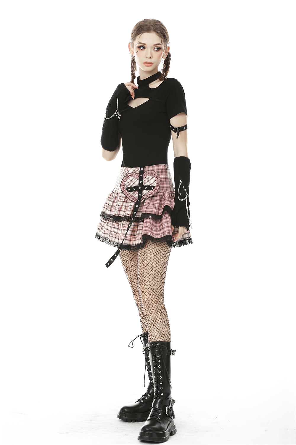 Grunge Female Mini Skirt with Heart Buckle and Grommets
