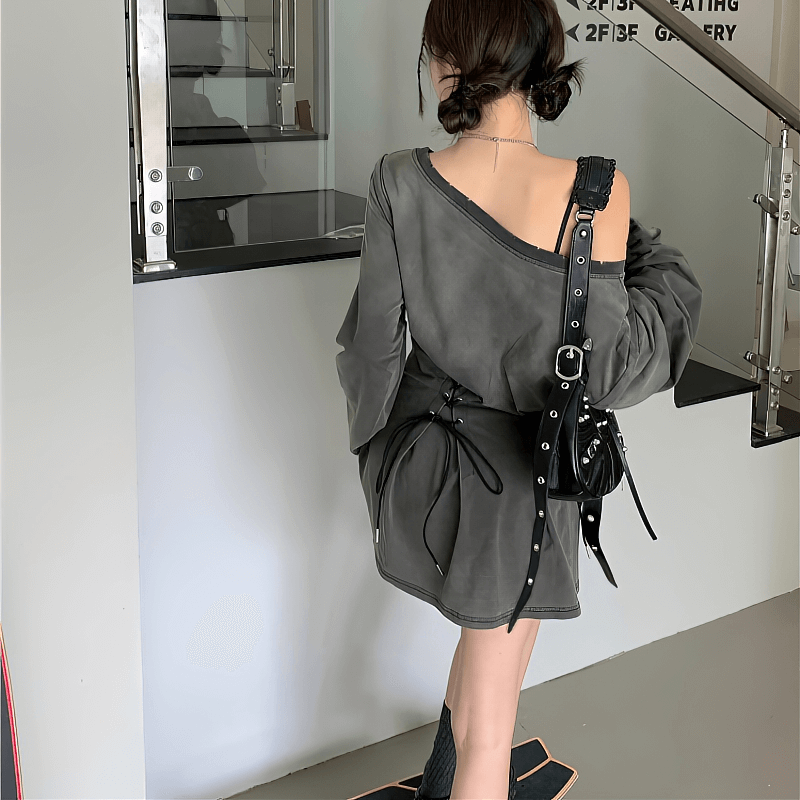 Grunge Goth Corset Dress for Women / Aesthetic Long Sleeves Hole Ripped Mini Dress