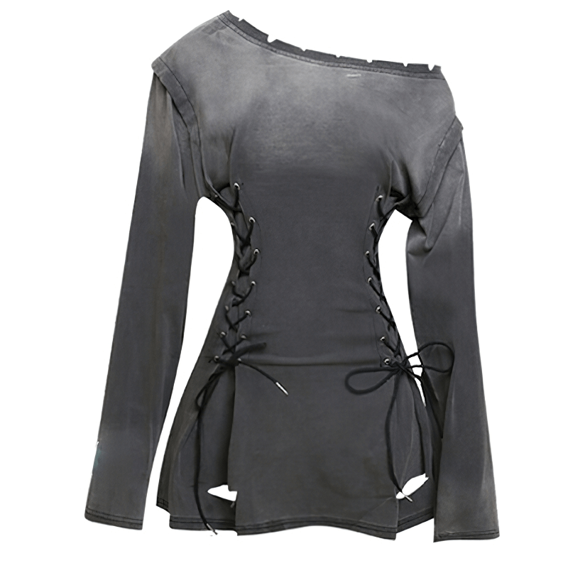 Grunge Goth Corset Dress for Women / Aesthetic Long Sleeves Hole Ripped Mini Dress