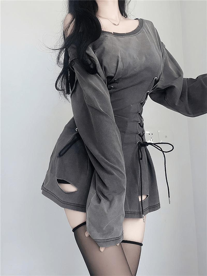 Grunge Goth Corset Dress for Women / Aesthetic Long Sleeves Hole Ripped Mini Dress