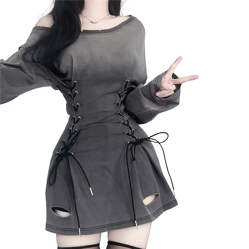 Grunge Goth Corset Dress for Women / Aesthetic Long Sleeves Hole Ripped Mini Dress